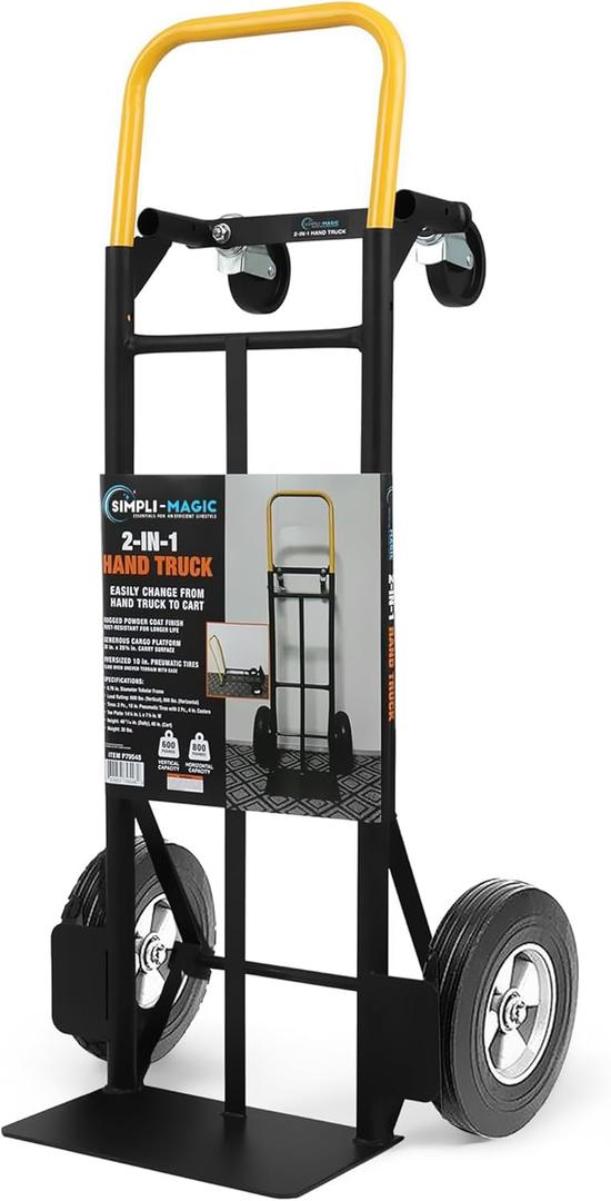 SIMPLI-Magic 2 in 1 Convertible Hand Truck and Dolly, 800LBS  Heavy-Duty Moving Dolly Cart with 10" Flat Free Rubber Wheels & Handle