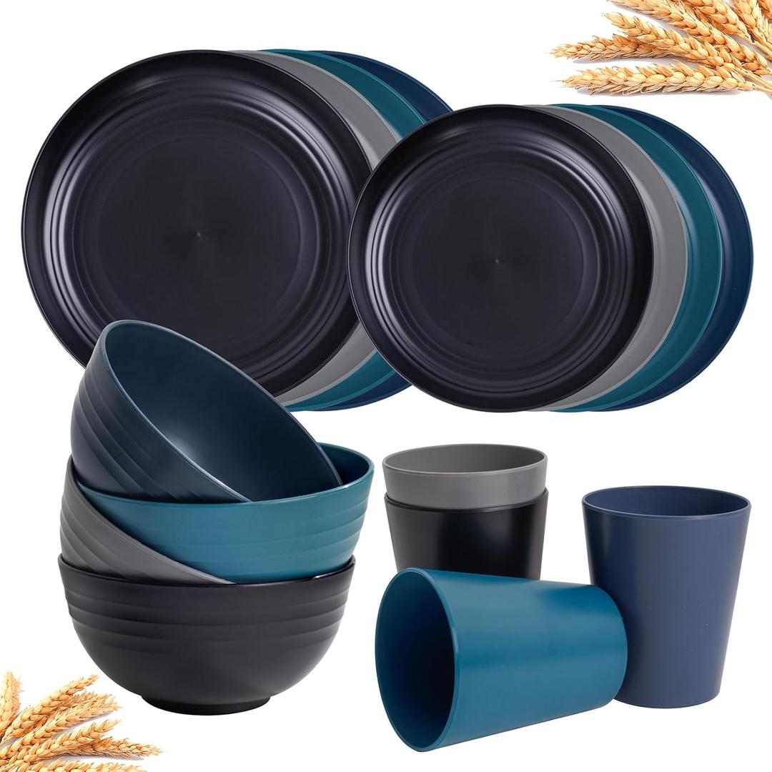 Rubtlamp 16Pcs Plastic Wheat Straw Dinnerware Set, Reusable Plastic Dishes Set for 4, Kitchen Plates And Bowls Set (Deep Four Colors) Include Dinner Plates, Dessert Plates, Cereal Bowls, Cups (Black, Dark Gray, Navy Blue, Blue)
