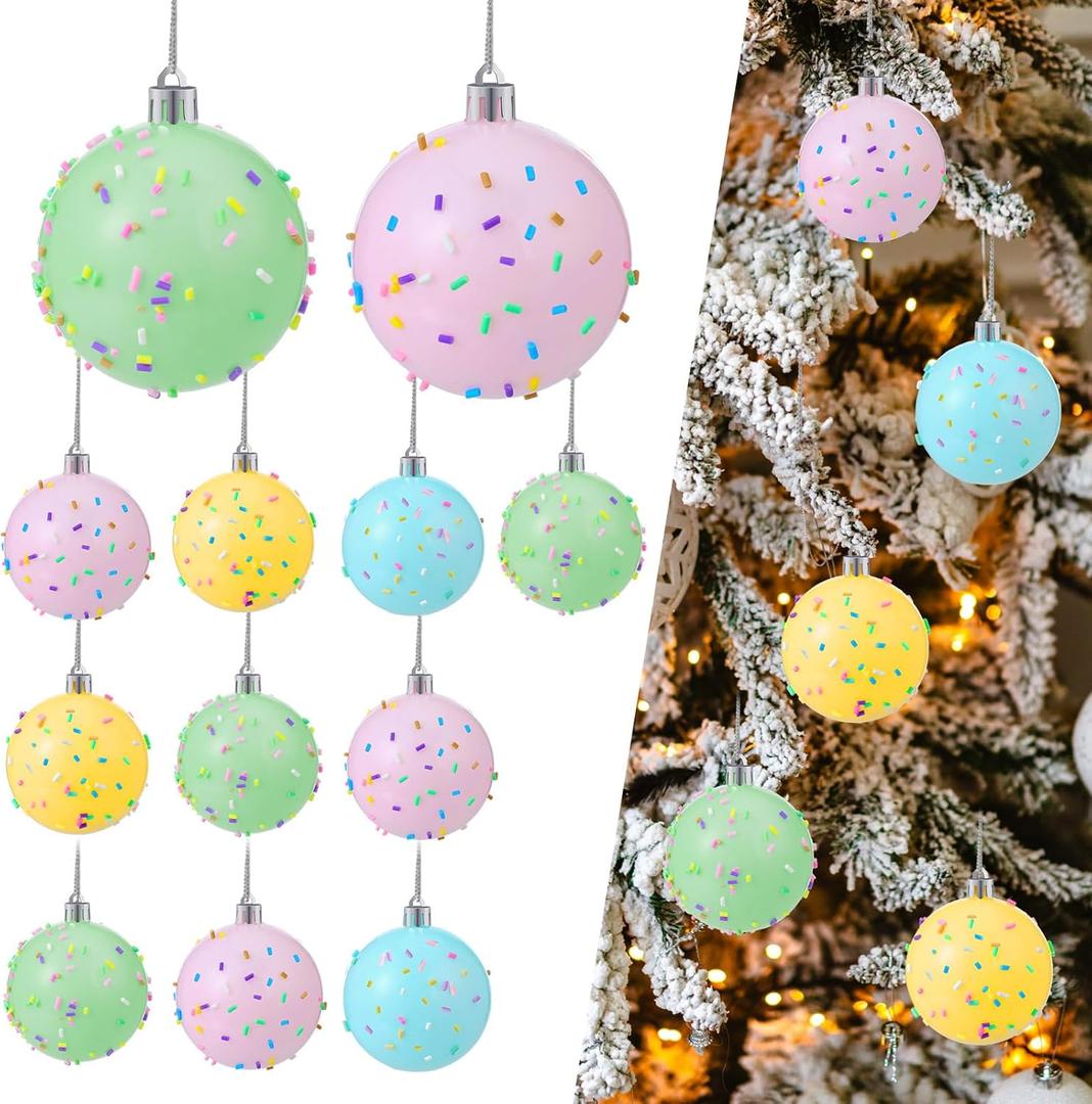 Janinka 24 Pcs Pastel Christmas Tree Ball Ornaments 2.4 Inch Macaron Color Rainbow Candy Balls Plastic Shatterproof Hanging Ornament for Xmas Tree New Year Holiday Birthday Candyland Party Home Decor