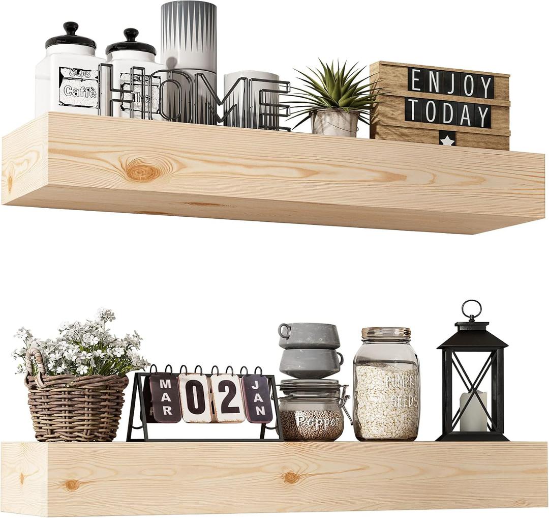 Wall Floating Shelves, Rustic Wood Shelf for Wall Mounted - Wooden Handmade Shelves for Bathroom Kitchen Livingroom - No Stain - DIY(Unfinished, 24 Inch - 2 Pack)