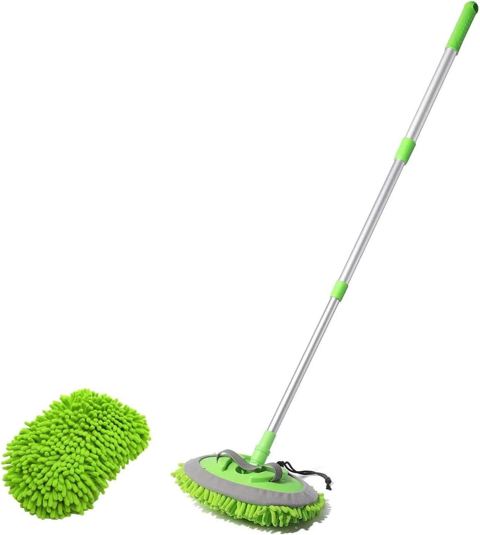 Car Wash Brush with Long Handle & 2pcs Car Wash Mitt Scratch Free, Soft Scrub Car Wash Brush, Car Wash Mops with Flexible Rotatory Extension Pole - Green