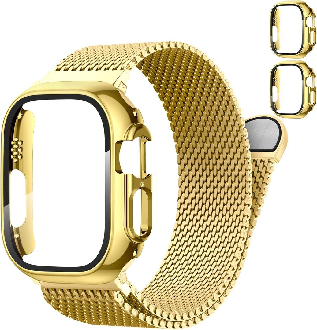 Milanese Loop and Case for Apple Watch 3 2 1 Bands for Men 49mm 44mm 46mm 45mm 42mm 41mm 40mm 38mm,Magnetic Stainless Steel Mesh Metal Strap Bracelet With PC Cover for iWatchSeries 11 10 9 8 7 6 5 4 3