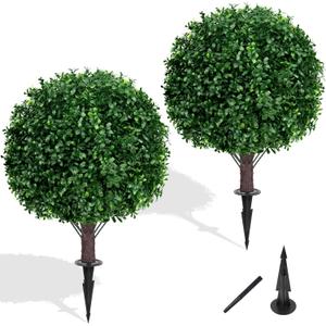 Yangrass Artificial Boxwood Topiary Ball Tree Set of 2, UV Resistant Artificial Outdoor Shrubs with Spike, Decorative Evergreen Fake Topiary Bushes Plant for Front Porch Garden