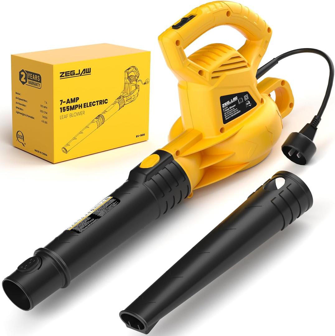 ZEGJAW Electric Leaf Blower Corded, 7-AMP Leaf Blowers, 155MPH/350CFM Small Handheld Lawn Blower Lightweight & Portable for Lawn Care
