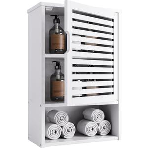 HITNET Bathroom Cabinet Over Toilet, White Medicine Cabinet, Hanging Cupboard with Single Door and Open Bottom Shelf, Wall Mounted Bamboo Storage Organizer