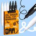 ARTISTRO 6 Black & White Oil-Based Permanent Tire Markers - Dual Tip (0.3mm+3mm) Paint Markers for Tire - Quick Dry, Waterproof
