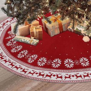 Dremisland Christmas Tree Skirt Rustic Christmas Tree Mat with Snowflake Reindeer Red Knitted Xmas Tree Skirts Thick Knitted Xmas Holiday Decoration New Year Home Party Decorations (Red, 36inch/90cm)