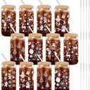 12 Pack Winter Glass Cups Gifts 16 oz Snowflake Glass Tumblers with Lids Straws Brushes Winter Christmas Coffee Cups for Women Men Employee Coworkers Holiday Party Favors (Fresh Style)