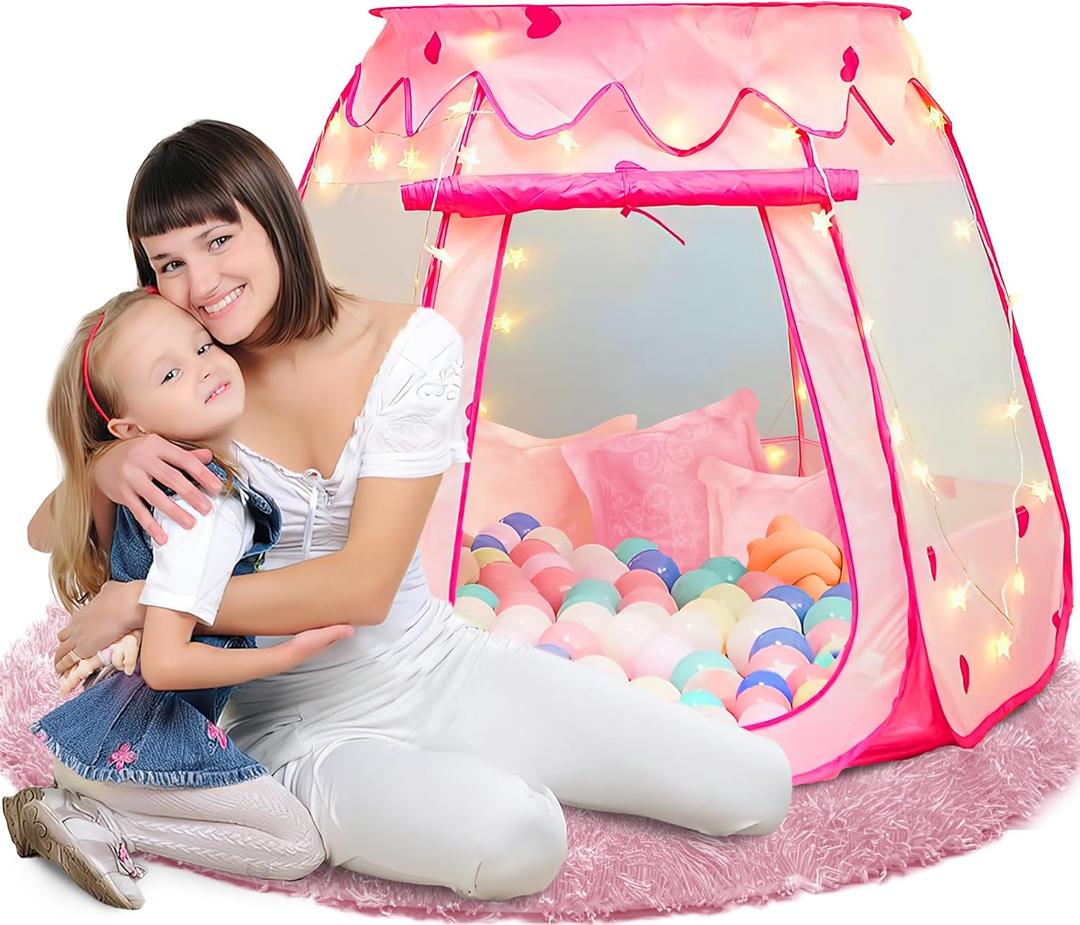 LimitlessFunN Princess Pop Up Kids Play Tent | Includes Star Lights & Carrying Case |, Children Indoor Ball Pit Playhouse For 1 2 3 Year Old, Baby, Toddlers, Girls Birthday Gift, 48"D x 48"W x 36"H (Pink)