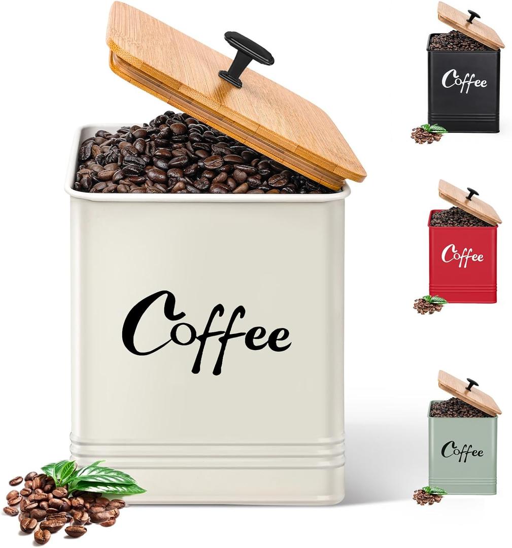 Airtight Coffee Canister-Coffee Container, Airtight 40 oz Large Iron Beige Storage Container for Coffee Grounds, Beans, Pods & More,Coffee Bar Accessories & Gifts