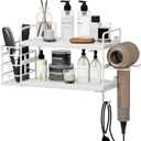 3-in-1 Wall Mounted Hair Dryer Holder with 2 Tier Shelves & Detachable Basket, Space Saving Organizer for Bathroom, Kitchen, Bedroom, Rust-Resistant, Easy Install (White)