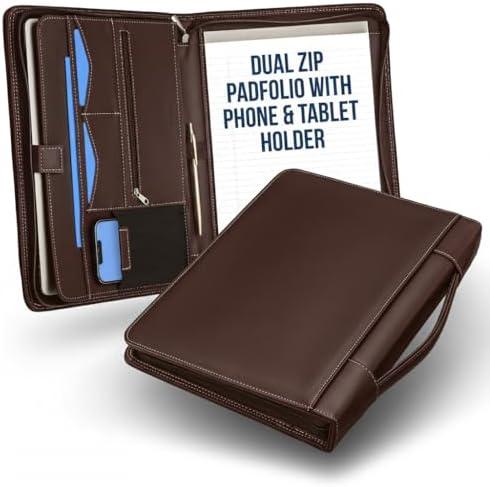 STYLIO Walnut Zipper Padfolio Portfolio Binder w/Carrying Handle | Organizer for Documents, iPad, Tablet, Notebook | Business Leather Binder for Men Women (No 3-Ring Binder)
