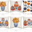 Set of 6 Fall Pumpkin Pillow Covers 18x18 Chinoiserie Pumpkin Pillow Cases Blue and Orange Grandmillennial Autumn Decorations for Couch Sofa Bed Harvest Thanksgiving Outdoor