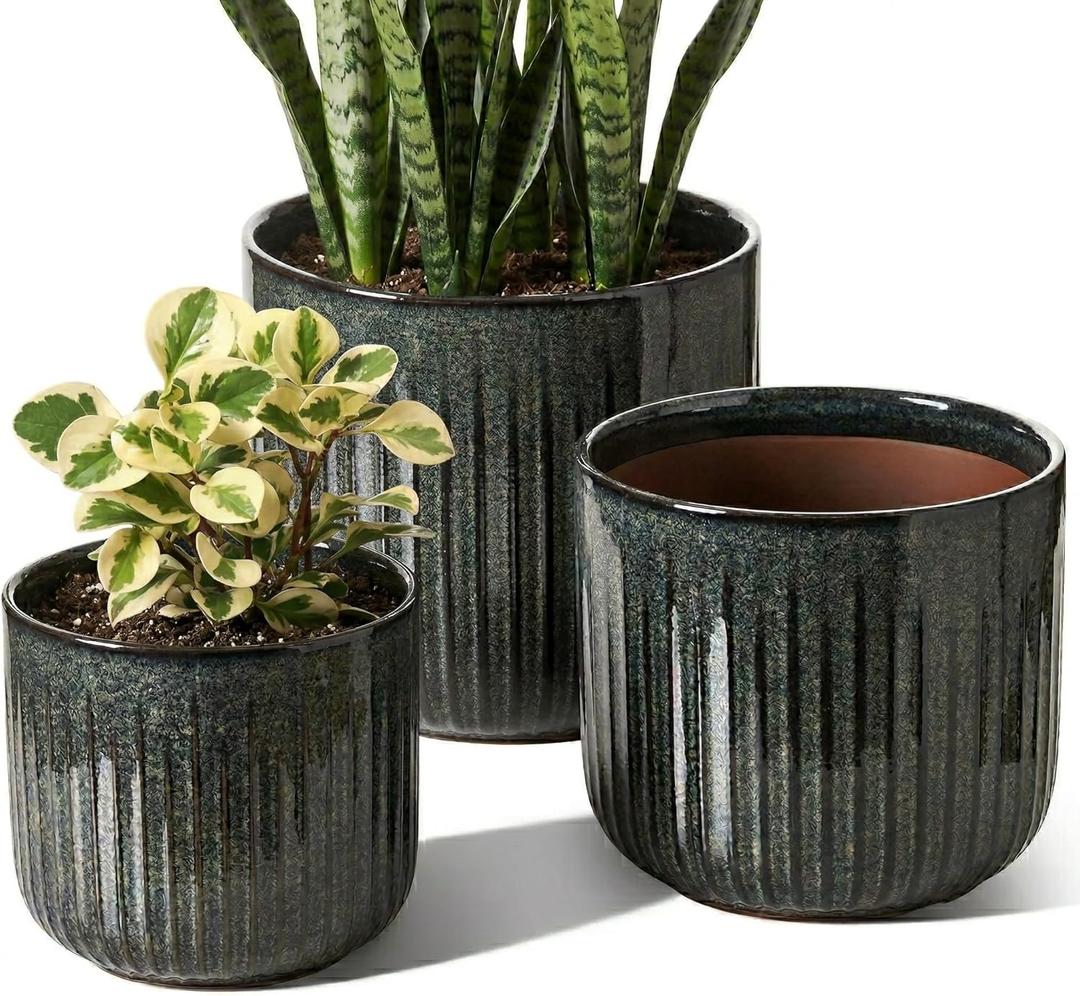 LE TAUCI Ceramic Pots for Plants, 8.3/7/6 Inch Indoor Planters with Drainage Holes & Mesh, Modern Glossy Glaze Cylinder Fluted Plant Pot for Snake Plant, Set of 3, Dark Olive, Medium