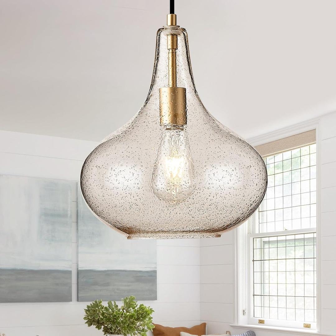 Handcrafted 11-Inch Mid-Century Modern Brass Gold Pendant Light with Seeded Glass Shade - Elegant Dining Room Pendant Light