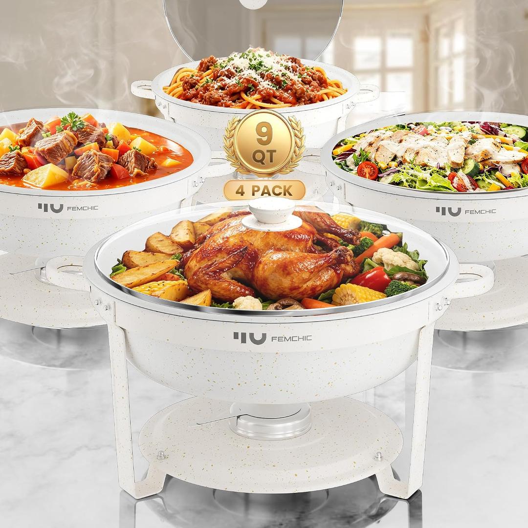 Femchic 9QT White Chafing Dishes for Buffet, 4 Pack Maifanite-Coated Chafer