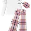 MIGU Girls Clothes Size 7-8 Kids Clothes Fashion White Long-sleeved Tops White and Pink Plaid Loose Straight Leg Pants Plaid Hat Girls Outfits Fall 3pcs