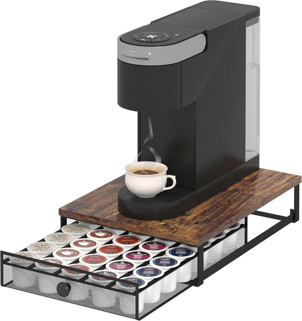 Sedegn Coffee Pod Holder Counter Coffee Vertuo Capsules Storage Organizer with Sliding Drawer Compatible For 35 K-Cup Pods No Assembly Needed Rustic Brown