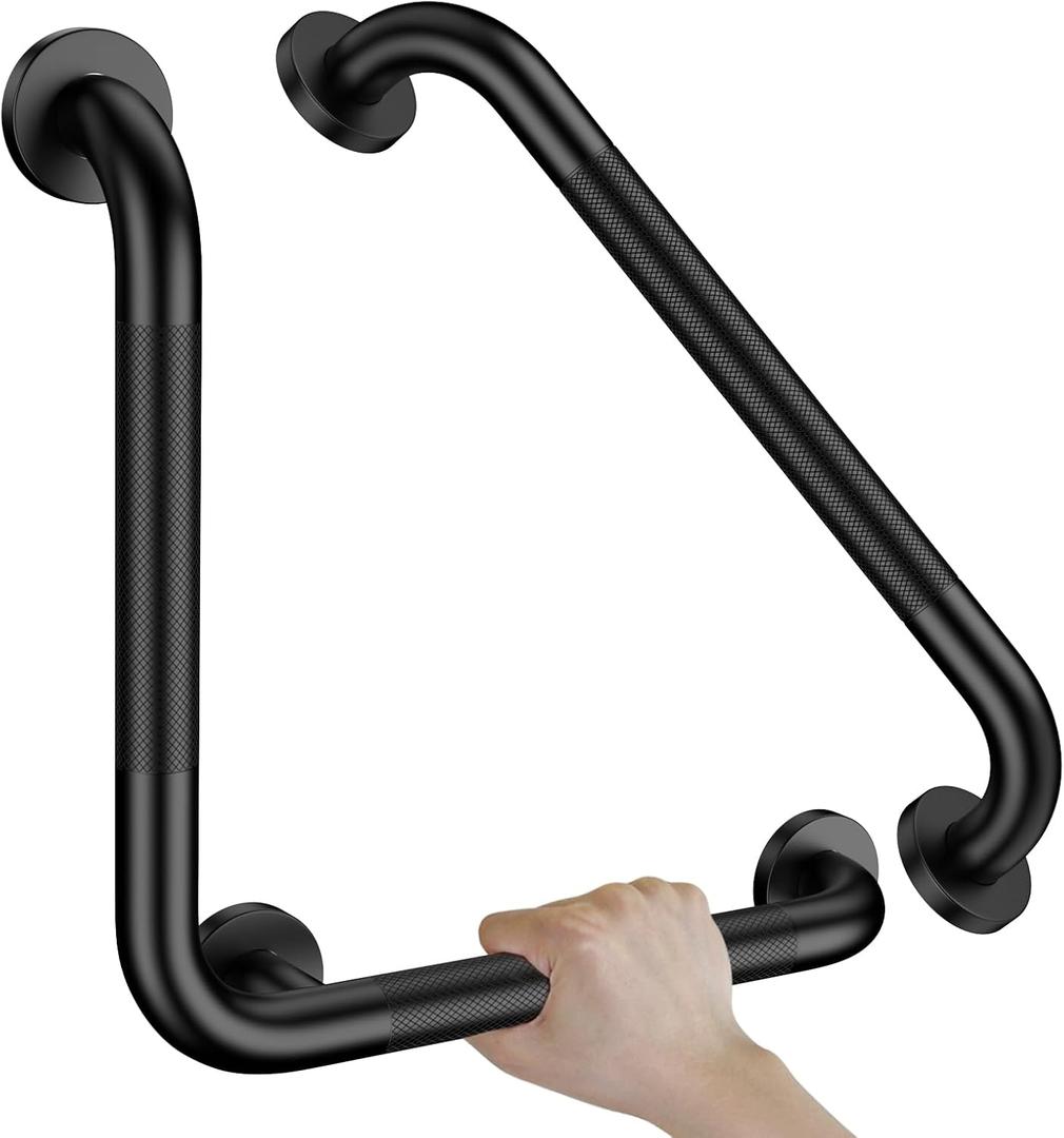 16 Inch L-Shaped Black Bathroom Grab Bars with 20 Inch Straight Munzong Toilet Handicap Grab Rail,Anti Slip Stainless Steel Knurled Safety Handle Support Elderly Injury Senior