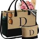 YOOLIFE Valentines Day Gifts for Her - Initial Jute Tote Bag & Makeup Bag, Birthday Gifts for Women Teacher Mom Wife Friend