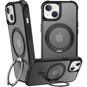 360 Magnetic Swivel Ring for iPhone 15 Plus case, Built-in Metal Stand and Ring Holder, Magsafe Compatible, Military Grade Protection, Shock Resistant - Black