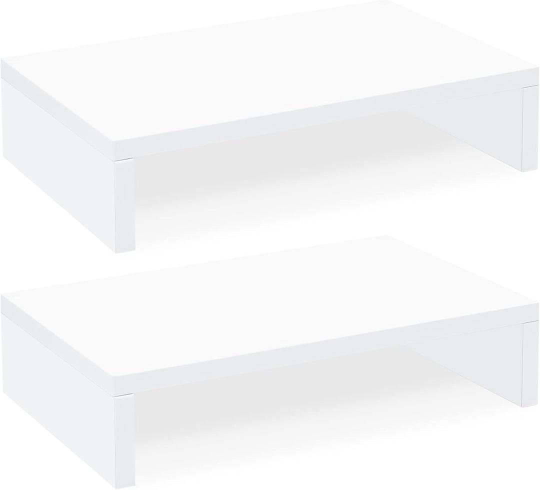 TEAMIX White Monitor Stand Riser - 2 Pack, Wood 2 Tier Adjustable Dual Monitor Riser for Laptop/PC Computer Stand for Desk