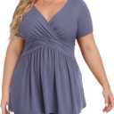Women's Plus Size Short Sleeve Tops V Neck Casual Cute Tunic Top | Plus Size Tops, Womens Blouses Dressy, Everyday Wear Tops, Soft Transitional Top, Casual Office Layering, Basic Wear (Blue, XXL)
