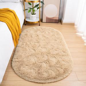 Fluffy Bedroom Rug, Beige Small Oval Bedside Area Rugs Shaggy Carpet 2.6 x 5.2 Feet Cute Rug for Dorm Kids Room Nursery Home Decor (2.6 x 5.2 Feet, Light Tan)