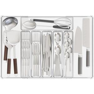 Expandable Kitchen Drawer Organizer - Clear Acrylic Adjustable Silverware Organizer - Utensil Holder and Cutlery Tray with Grooved Drawer Dividers for Flatware (Clear-8 Compartments) (Expandable 12.6~21.3 x 14.5 inch (8 Slots))