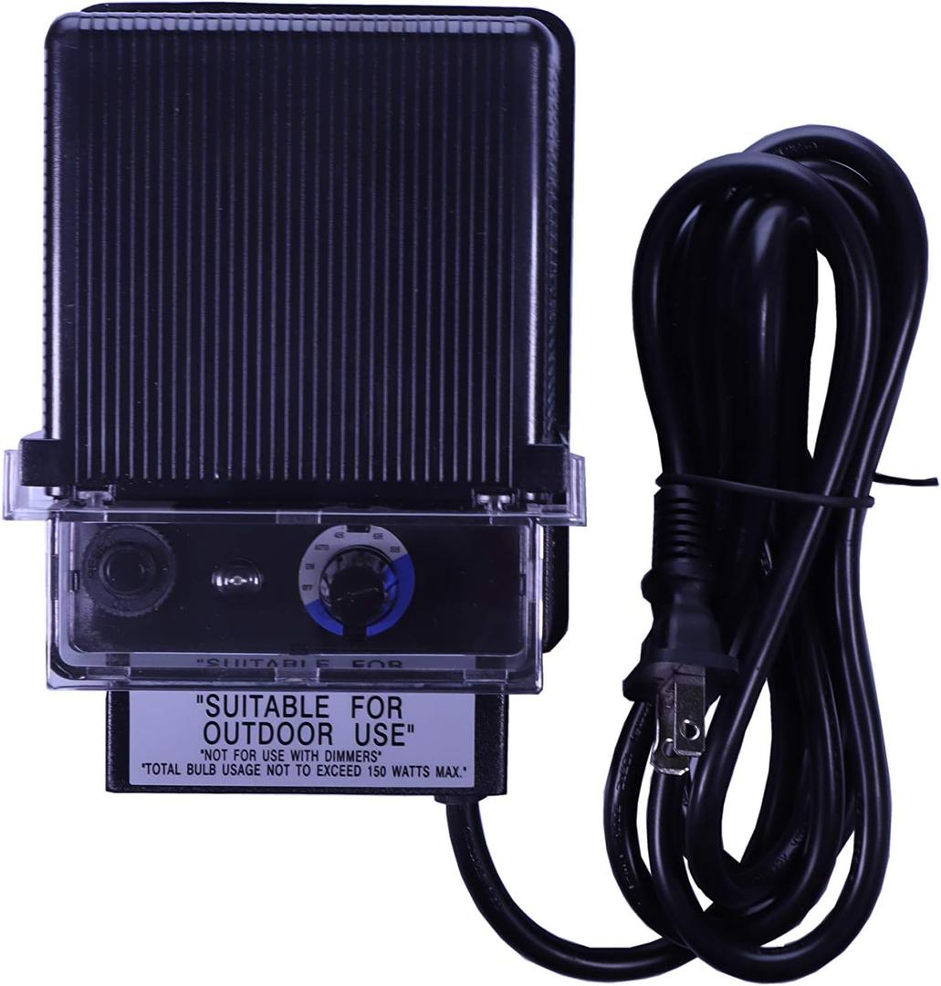 150W Watt AC to 12V Volt LED & Halogen -120V Volt Low Voltage Landscape Lighting Indoor/Outdoor Weatherproof Transformer Electric Power Pack with Photocell Sensor - Black Case