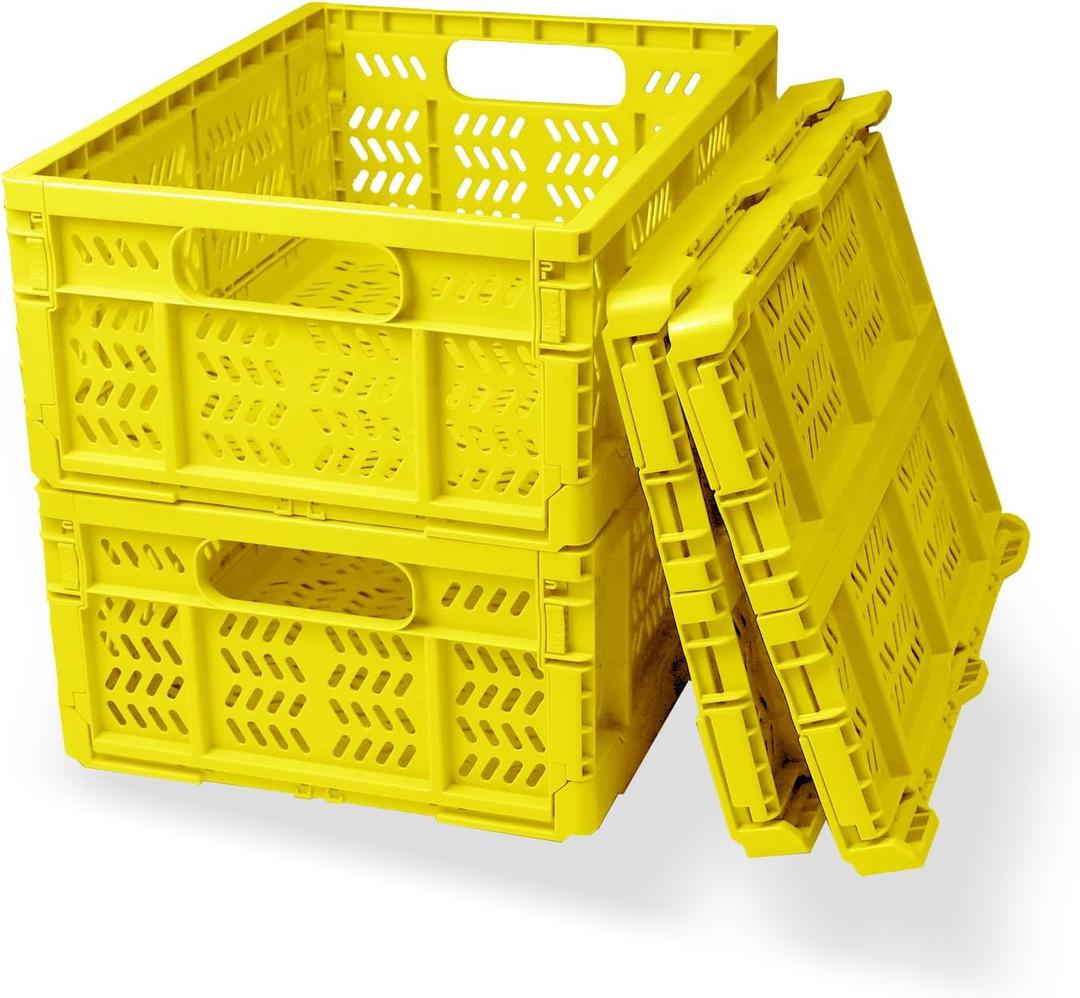 20L Folding Crate, 4Pack Plastic Storage Baskets Organizer for Home and Office,Collapsible Storage Crates for Home Office and Outdoor Organizer.(Yellow) w