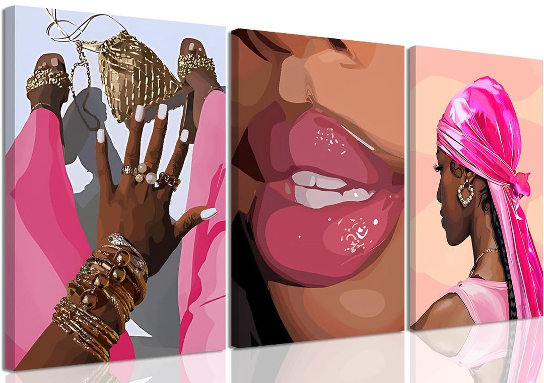 Black Girl Canvas Wall Art Set of 3 Pink African American Black Woman Wall Decor Fashion Abstract Black women Aesthetic Poster Prints for Living Room Bedroom Bathroom16x24in Framed