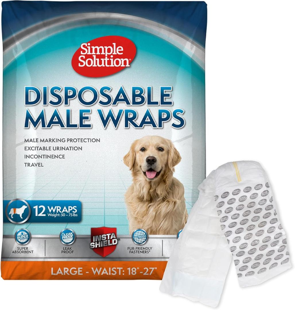 Simple Solution Disposable Male Wraps, Absorbent Leak Proof Belly Bands for Dogs, Incontinence Aid, Puppy Training, Marking Control, and Travel Protection, Large Dogs, 1827 Inch Waist, 30 Count