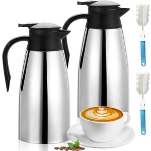 2 PCS 68 OZ Thermal Coffee Carafe Stainless Steel Creamer Pitcher Double Walled Vacuum Insulated Pitcher Thermal Hot Pot Flask with Brushes for Keeping Hot Coffee Tea (Silver)