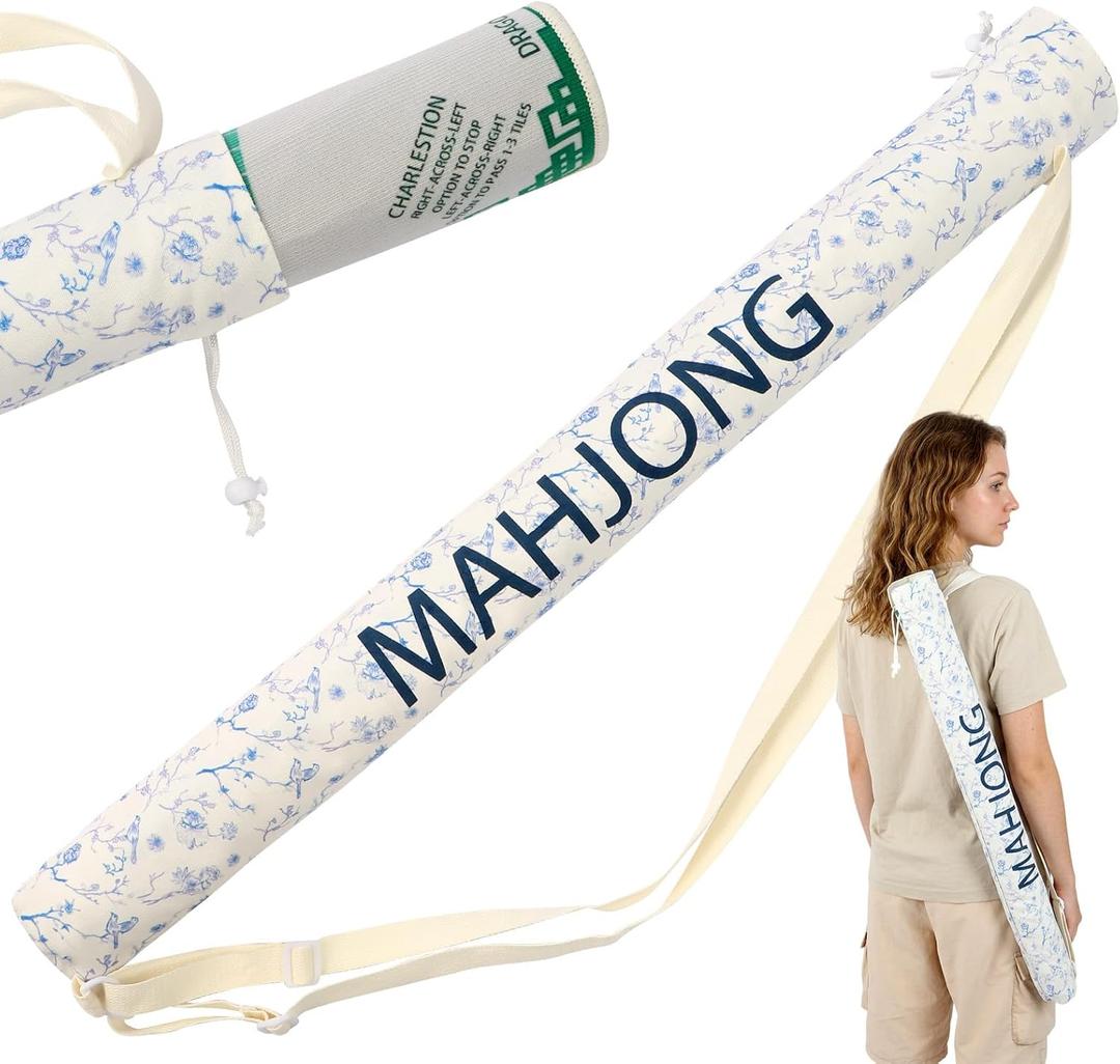 35.4 Inch Long Canvas Mahjong Mat Carrying Bag Double Strapped Drawstring Holder Durable Bag Only for Mahjong Lovers, Mat Not Included, Blue White Chinese Style, 1 Pc