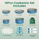 Ceramic Cookware Set Non Toxic with Detachable Handles, Healthy Nonstick Decal Pans and Pots Set 14 Pcs, Induction Dishwasher Oven Safe Kitchen Set, Turquoise with Bougainvillea
