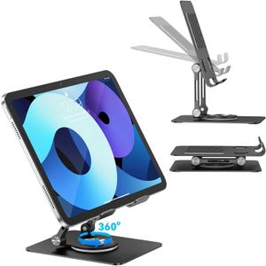 JUANWE Swivel iPad Stand for Desk, Aluminum Tablet Stand for Desk with 360 Rotating Base, Adjustable & Foldable iPad Holder, Compatible with Tablets, Switch, Kindle, Phone (Black) JUANWE Swivel iPad Stand for Desk, Aluminum Tablet Stand for Desk with 360 Rotating Base, Adjustable & Foldable iPad Holder, Compatible with Tablets, Switch, Kindle, Phone (Black)