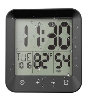 Waterproof Shower Clock, Digital Bathroom Kitchen Wall Clock Timer with Temperature, Touch Screen, Suction, Hanging Hole, Battery Operated, Black