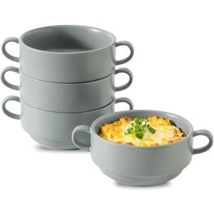 Tikooere Soup Bowls, 22 oz French Onion Soup Bowls with Handles, Stackable Ceramic Bowls Set of 4, Dinner Bowls for Chili, Beef Stew, Soup, Cereal, Oven Microwave Dishwasher Safe, Matte Gray