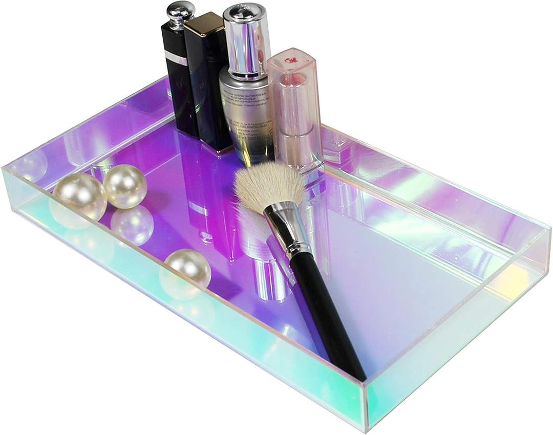 Acrylic Tray - Iridescent Vanity Tray with Non-Slip Base for Bathroom, Bedroom & Countertop, Decorative Organizer for Jewelry, Makeup, Perfume, Soap Dispenser (10.5" L x 5.5" W x 1" H)