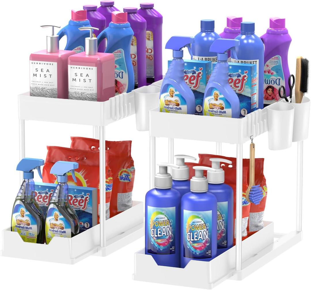 Under Sink Organizers and Storage Bathroom 2Pack, 2 Tier Kicthen Cabinet Basket Organizer, with Hooks, Hanging Cup, Dividers, Handles, Multi-purpose Under Sink Shelf Organizer, White