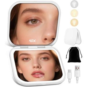 Magnifying Mirror with Light, Rechargeable 40X Compact Mirror with 3 Lighting Modes & Dimmable Brightness, Portable Travel Makeup Mirror with Light, Essentials for Travel, Pocket Purse White