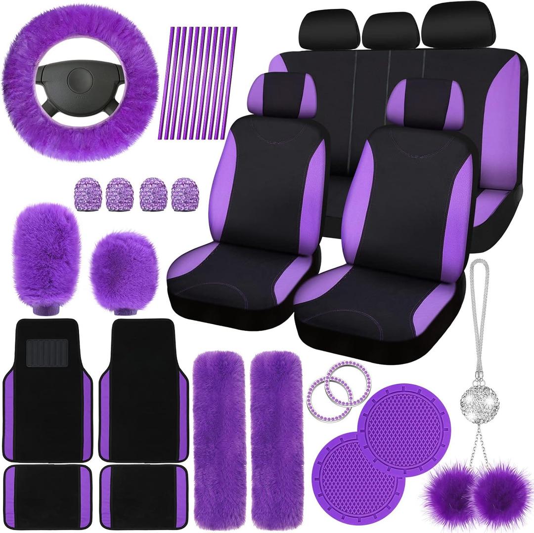 Woanger 47 Car Seat Cover Full Set for Women Included Car Front Rear Seat Fluffy Steering Wheel Cover Belt Automotive Floor Mats Air Conditioner Decoration Strip Universal(Purple Black)