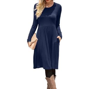 DB MOON Women Casual Long Sleeve Dresses Empire Waist Knee Length Loose Dress with Pockets S Navy