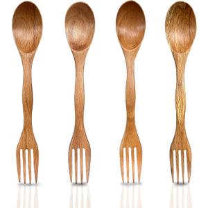 2-in-1 Wooden Soup Spoons And Forks Spork Set (4-Pack), 8.2"/20cm Lightweight & Reusable Utensils, Eco-Friendly All-in-One Cutlery for Camping, Hiking, Travel & Daily Use