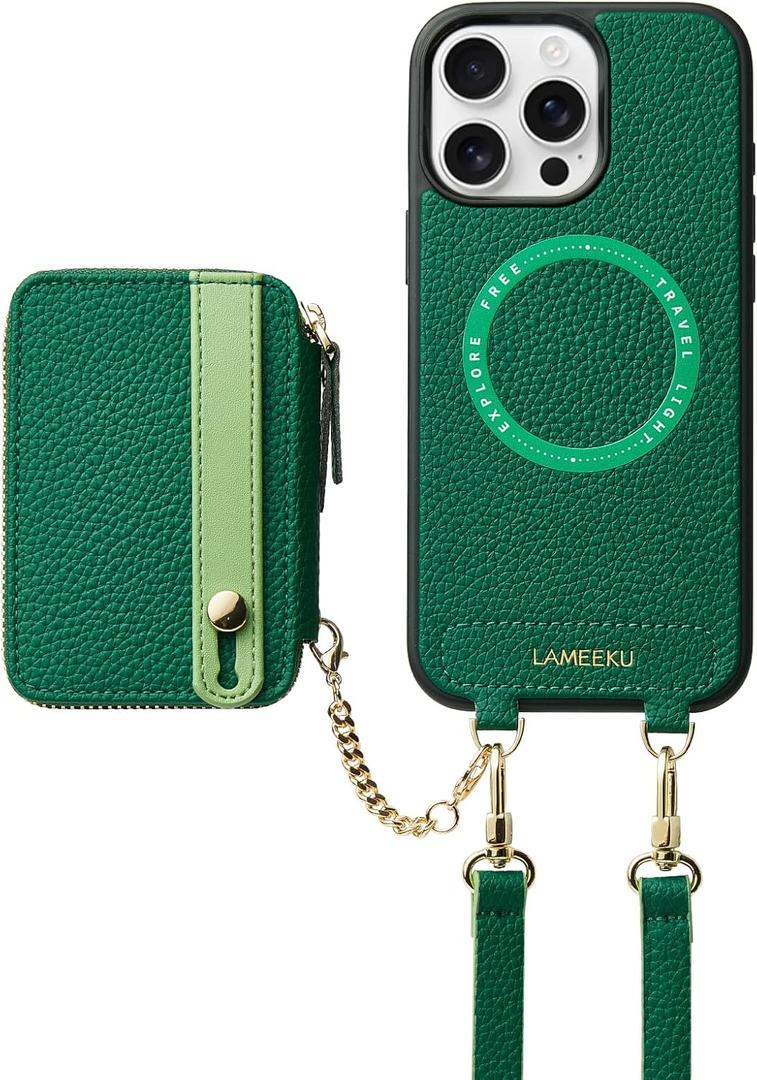 LAMEEKU for iPhone 16 Pro Max Wallet Case for Magsafe, Magnetic Card Holder Zipper Case with Phone Grip Holder Stand Adjustable Strap for iPhone 16 Pro Max 6.9'' Green