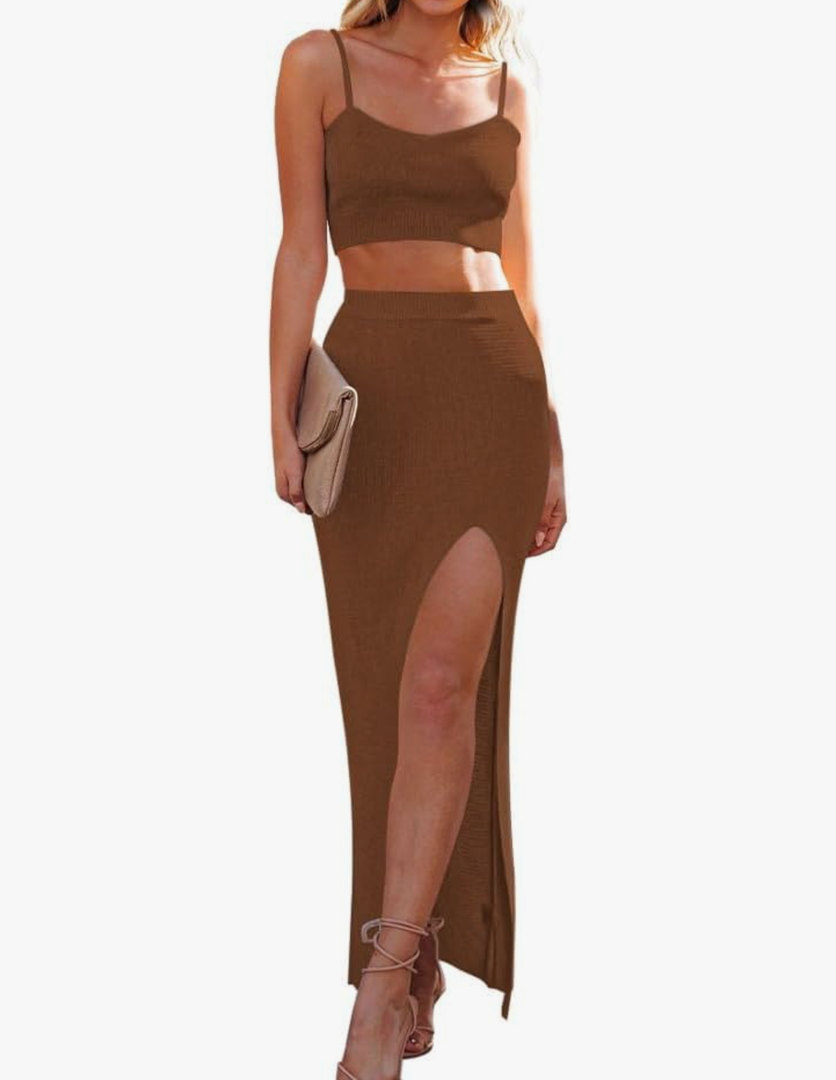 Women's Knit 2 Piece Dress Cami Crop Top High Side Slit Bodycon Long Skirt Set Size XL