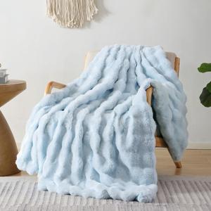 Smoofy Faux Fur Throw Blanket for Couch Rabbit Fleece - Light Blue Fluffy Blanket for Sofa Bedroom Living Room, Cozy Soft Plush Luxury Thick Winter Fuzzy Comfy Bubble Blanket - 50" x 60"