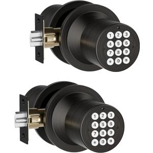 Door Knob with Keypad, Keyless Entry Door Lock, Front Door Knob Child Proof, Auto Lock, Easy Installation for Home, Office, Apartment, Garage Security, Oil Rubbed Bronze 2 Pack