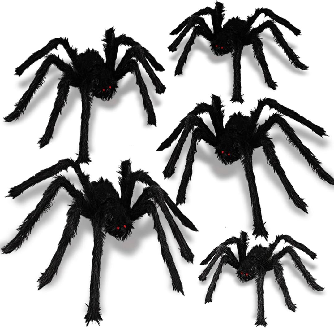 BILLMOSS Halloween Spider Decorations Outdoor - 5 PCS Giant Realistic Hairy Scary Spider Set, Creepy Indoor Yard Home Decor (5 Different Sizes)
